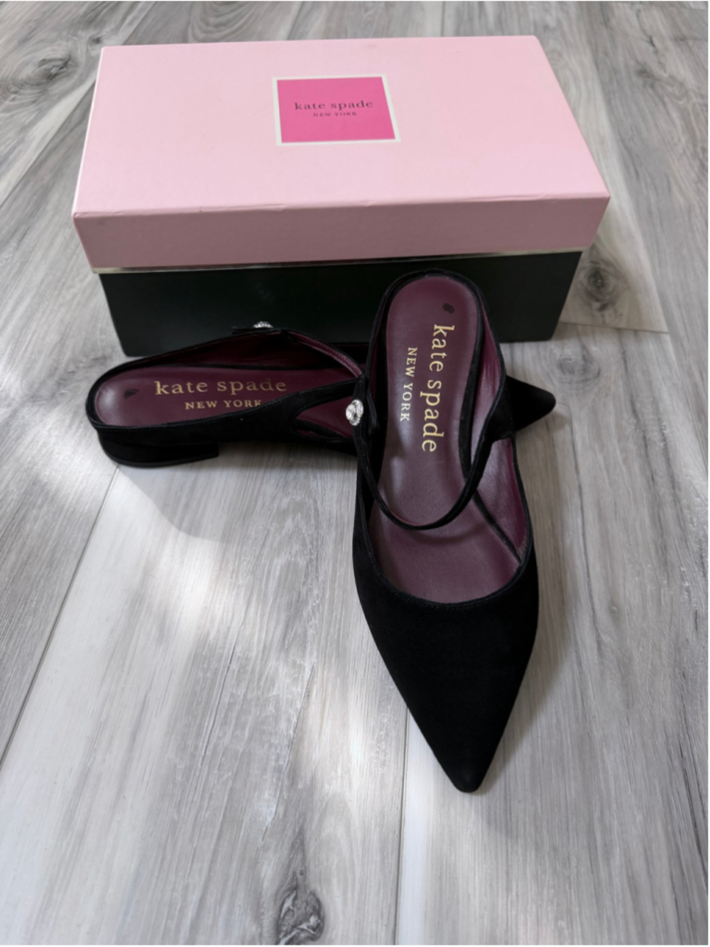 Kate Spade Meg Mules Black Suede Pointed Toe Crystal Size 9.5 New Box